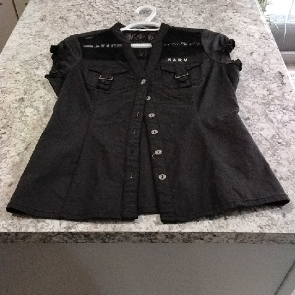 Chic Black Button Down Shirt with Lace Accents